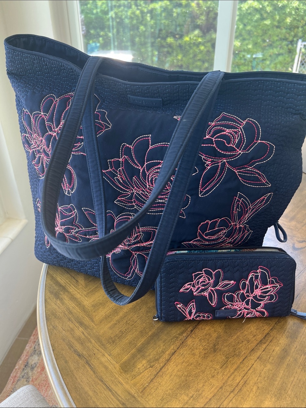 Vera Bradley Navy Tote with Pink Floral embroidered Floral Stitching and Wallet
